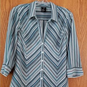NWOT Tangents Blue/Green Chevron Blouse Sz L